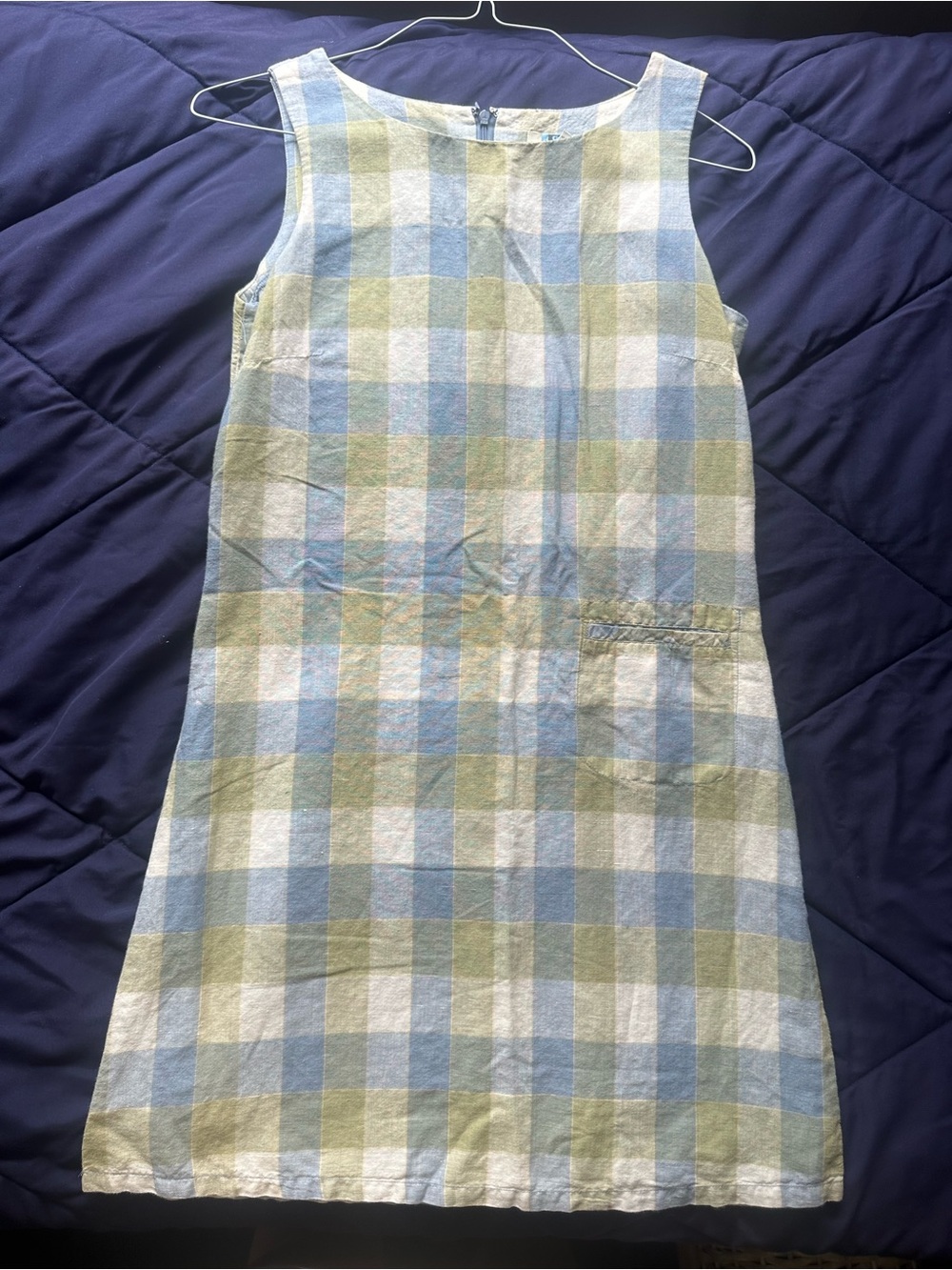 Vintage Sleeveless Plaid Shift Dress in Light Blue & Sage